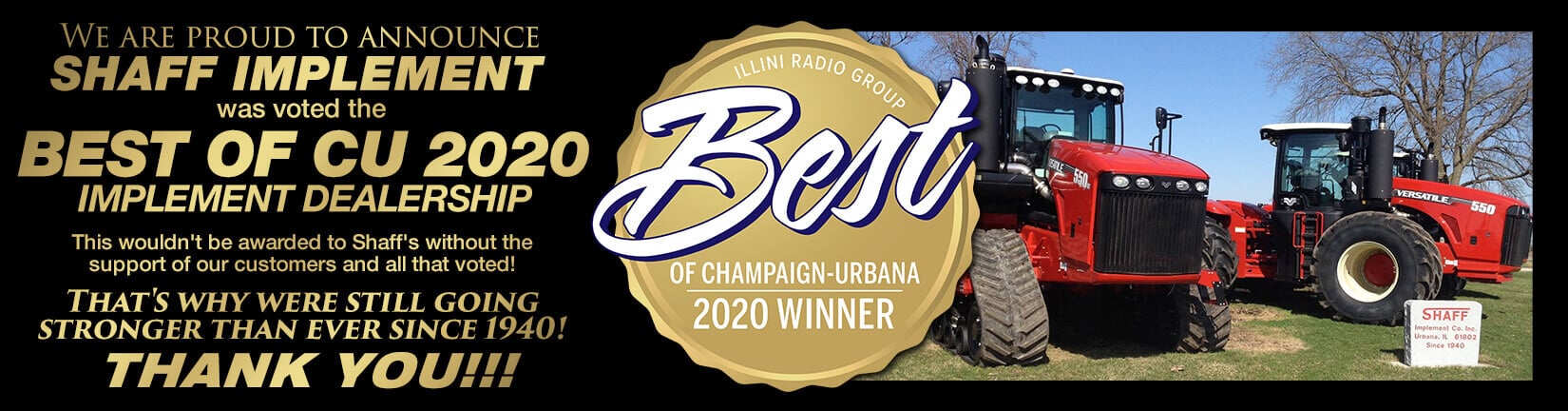 Shaff Implement was voted Best of CU 2020 Implement Dealership